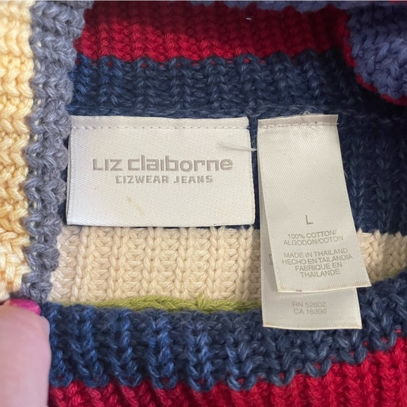 Liz Claiborne LizWear Jeans Vintage High Neck Cable Knit Striped Sweater Size L - Picture 4 of 6
